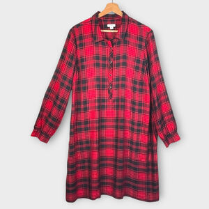 J JILL 1/3 Button Down Shirt Dress LARGE Red Black Plaid Pockets Lumberjack Chic